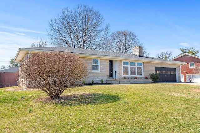 ranch-style house with driveway, stone siding, a front yard, a garage, and a chimney