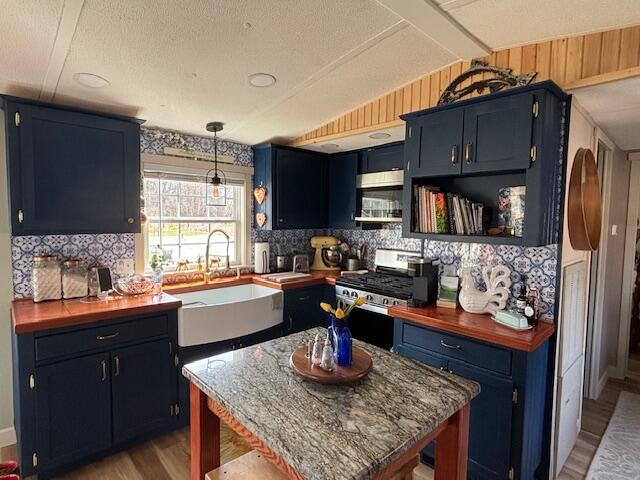 kitchen with light wood finished floors, lofted ceiling, stainless steel appliances, blue cabinets, and a sink