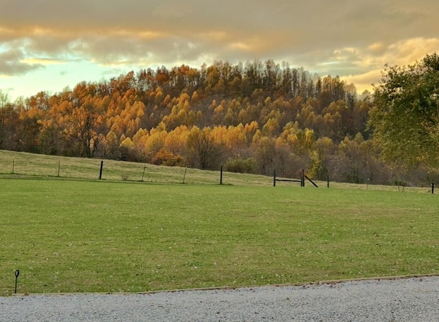 yard at dusk featuring a rural view, fence, and a view of trees