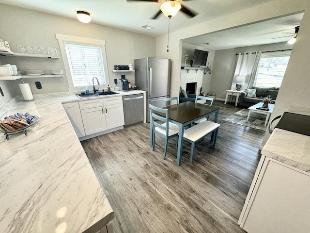 kitchen featuring a sink, appliances with stainless steel finishes, a fireplace, wood finished floors, and open shelves