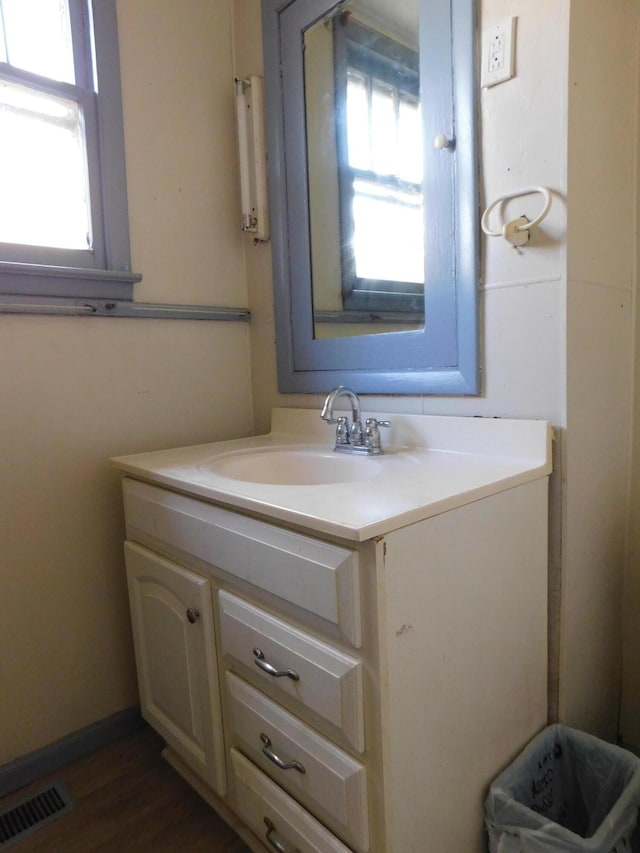 bathroom with visible vents, vanity, and wood finished floors