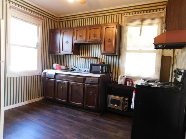 kitchen featuring under cabinet range hood, black appliances, wallpapered walls, and dark wood-style flooring