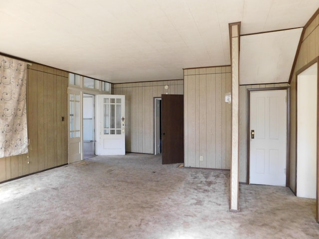 interior space featuring wood walls and carpet floors