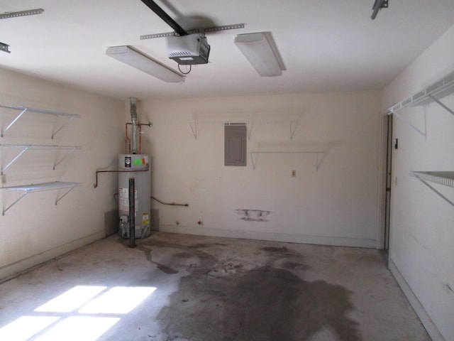 garage featuring electric panel, a garage door opener, and water heater