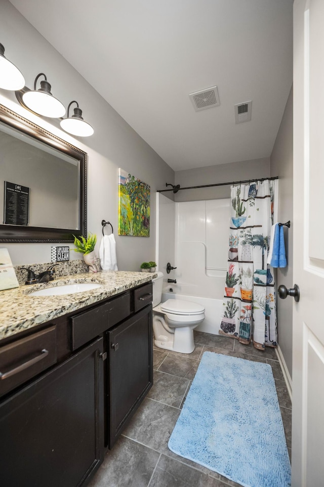 full bathroom featuring vanity, shower / tub combo, toilet, and visible vents