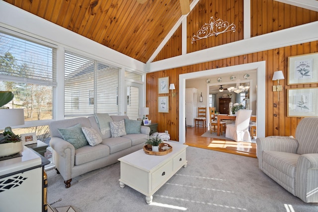 living area featuring wood finished floors, wooden walls, wooden ceiling, and high vaulted ceiling