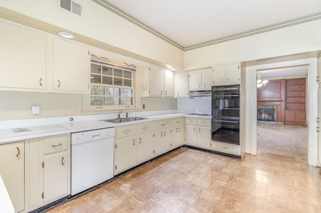 2136 Adena Ln, Lexington, KY 40516 - kitchen with white appliances, visible vents, a sink, light countertops, and crown molding