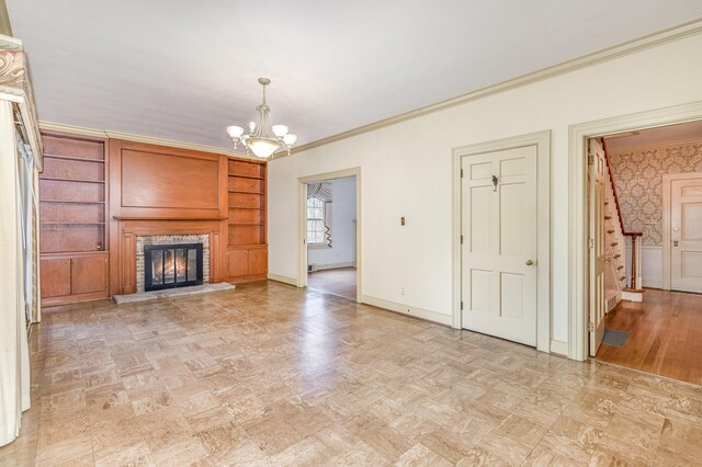 2136 Adena Ln, Lexington, KY 40516 - unfurnished living room featuring a notable chandelier, stairway, crown molding, and baseboards