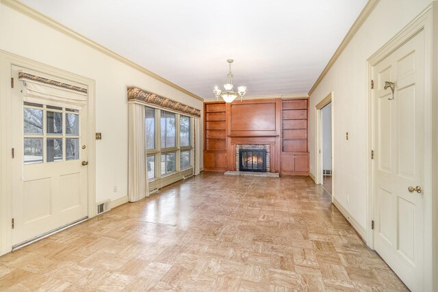 2136 Adena Ln, Lexington, KY 40516 - unfurnished living room featuring a fireplace, an inviting chandelier, crown molding, and baseboards