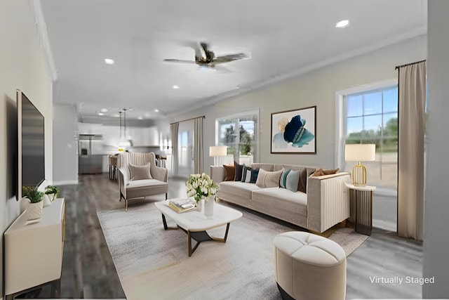 407 General John Payne Blvd, Georgetown, KY 40324 - living room featuring healthy amount of natural light, a ceiling fan, wood finished floors, and recessed lighting