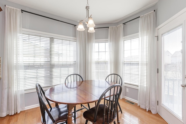 dining area featuring a wealth of natural light, visible vents, and light wood finished floors