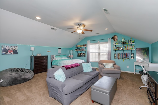 carpeted bedroom featuring baseboards, visible vents, a ceiling fan, and lofted ceiling