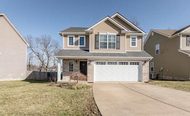 view of front of home featuring driveway, central AC, fence, an attached garage, and brick siding