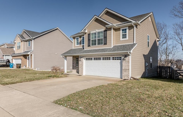 view of front of property featuring fence, concrete driveway, a front yard, an attached garage, and brick siding