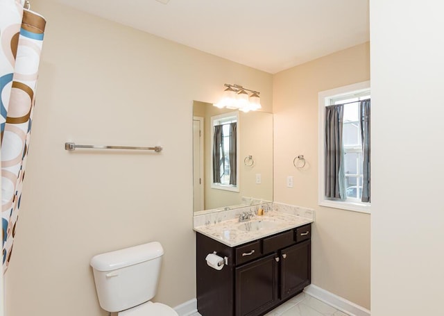 full bath with baseboards, toilet, and vanity