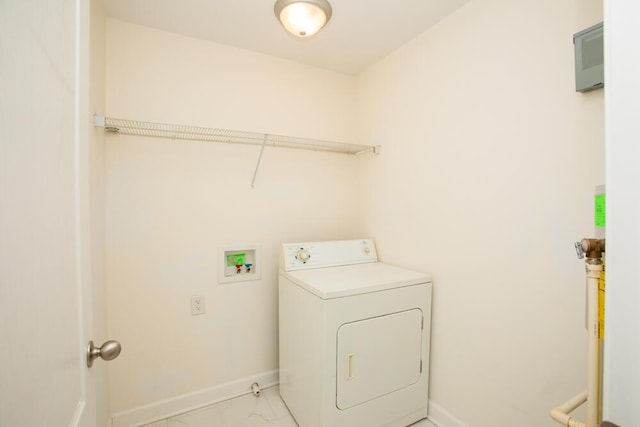 washroom with laundry area, marble finish floor, washer / clothes dryer, and baseboards