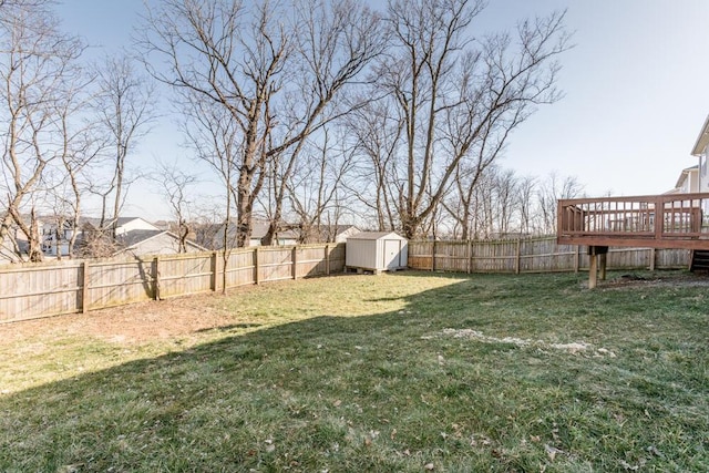 view of yard with an outbuilding, a shed, a fenced backyard, and a deck