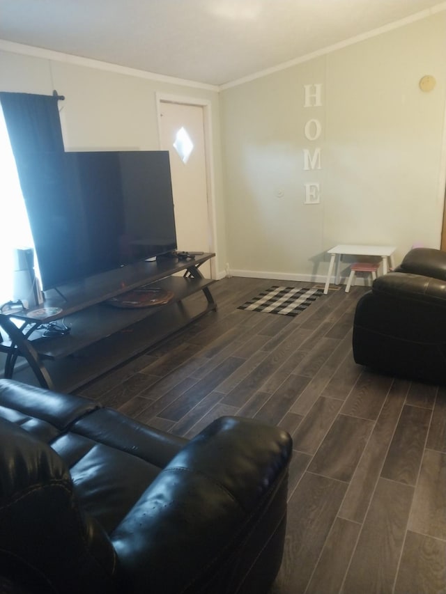250 Ore Mines Rd, Owingsville, KY 40360 - living room featuring ornamental molding, baseboards, and wood tiled floor