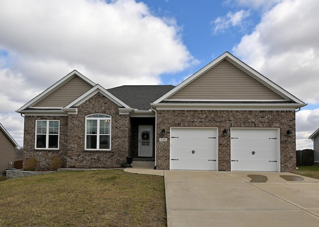 view of front facade featuring a front lawn, roof with shingles, concrete driveway, a garage, and brick siding