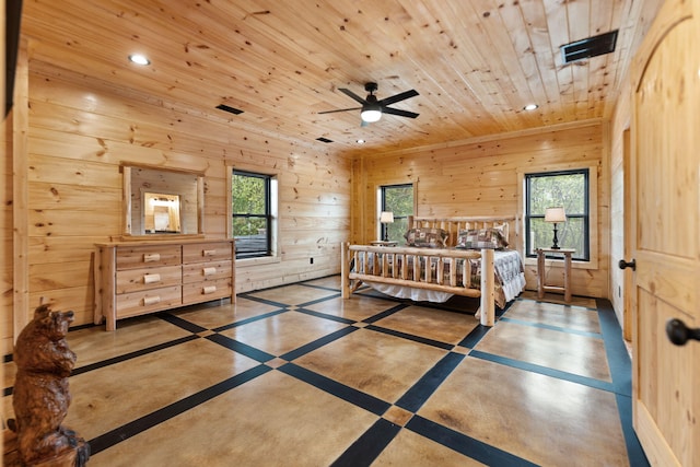 bedroom featuring wooden ceiling, multiple windows, recessed lighting, and wood walls