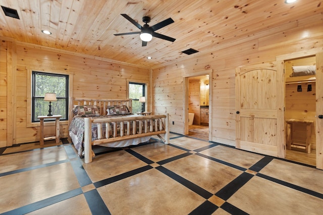 bedroom with recessed lighting, visible vents, wooden ceiling, and wood walls