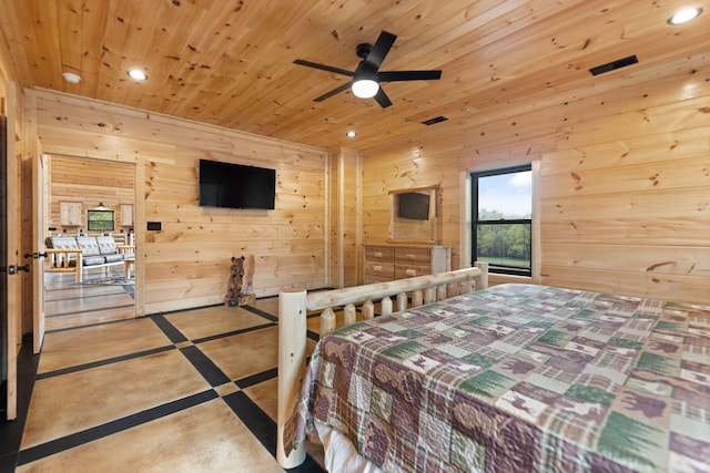 bedroom featuring recessed lighting, wooden walls, and wood ceiling