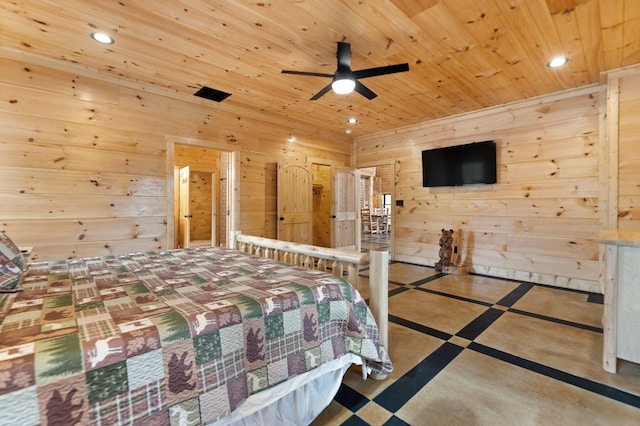 bedroom featuring recessed lighting, wood ceiling, and wood walls