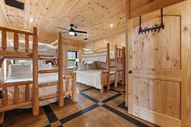 bedroom with wooden walls, visible vents, concrete flooring, recessed lighting, and wooden ceiling