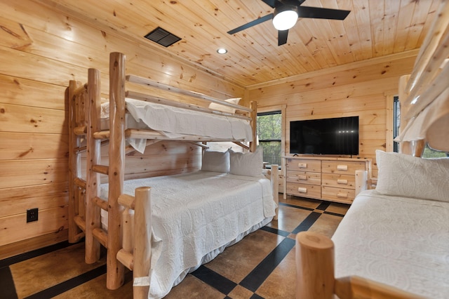 bedroom with wooden ceiling, wooden walls, and a ceiling fan