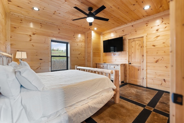 bedroom featuring wooden walls, recessed lighting, and wood ceiling