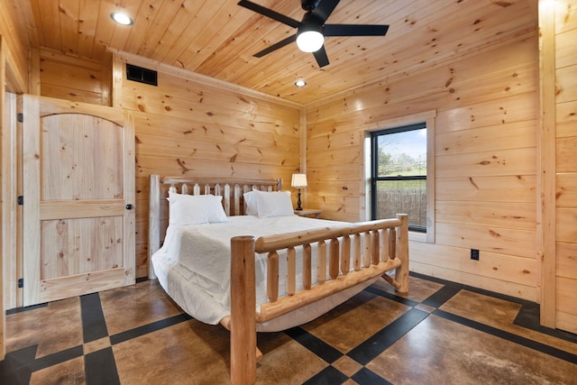 bedroom with visible vents, recessed lighting, wooden ceiling, and wooden walls