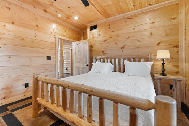 bedroom featuring recessed lighting, wood ceiling, visible vents, and wood walls