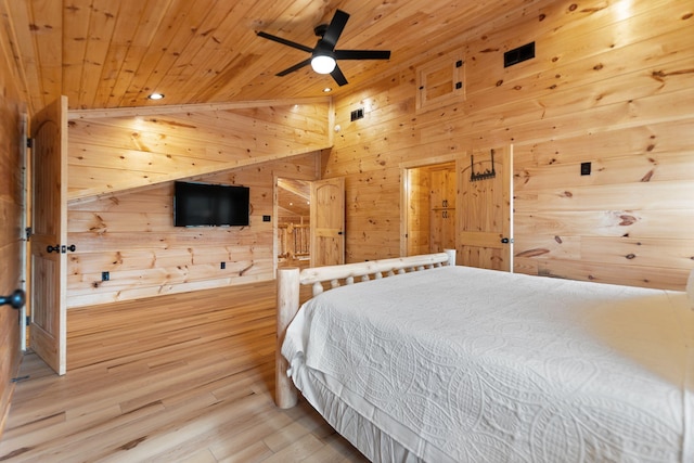 bedroom featuring wood finished floors, wooden walls, and wooden ceiling