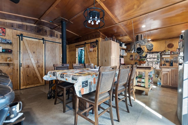 3860 Newfound Rd, Oneida, KY 40972 - dining area featuring wooden walls, finished concrete floors, and wood ceiling