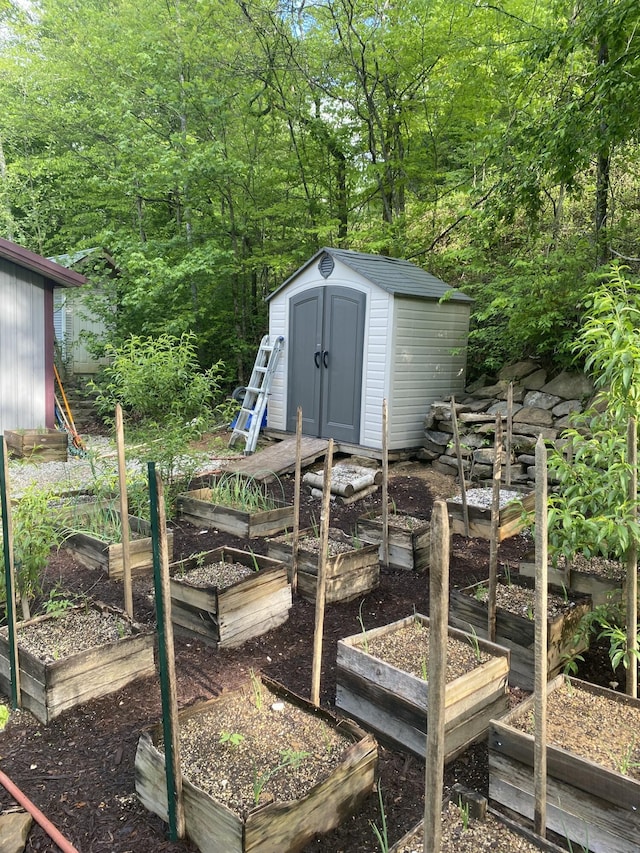 3860 Newfound Rd, Oneida, KY 40972 - view of shed with a vegetable garden