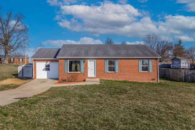 ranch-style home with crawl space, a front yard, brick siding, and fence