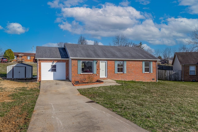 ranch-style house featuring a storage shed, fence, brick siding, and a front lawn