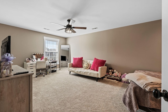 bedroom featuring visible vents, a ceiling fan, and carpet floors