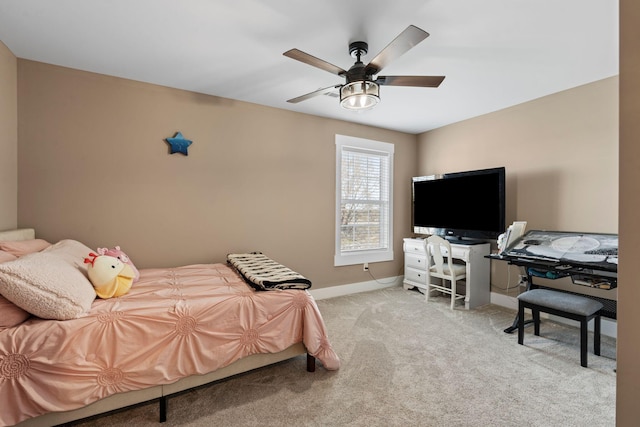 bedroom featuring carpet flooring, ceiling fan, and baseboards