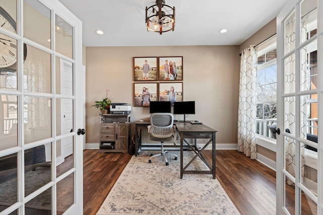 office with french doors, baseboards, a notable chandelier, and dark wood finished floors