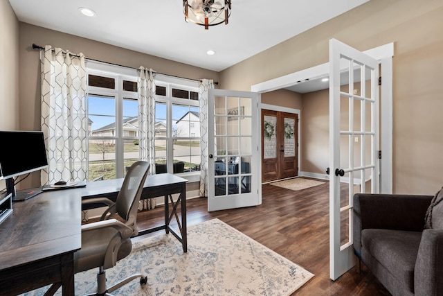 office featuring recessed lighting, french doors, baseboards, and wood finished floors