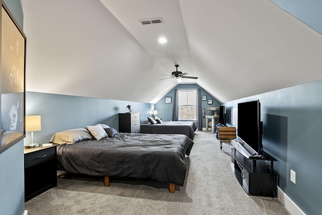 bedroom featuring visible vents, baseboards, ceiling fan, light colored carpet, and lofted ceiling