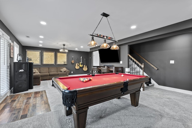 playroom featuring carpet flooring, recessed lighting, billiards, and baseboards