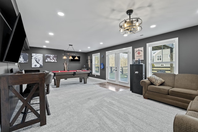 game room with billiards, recessed lighting, and carpet floors