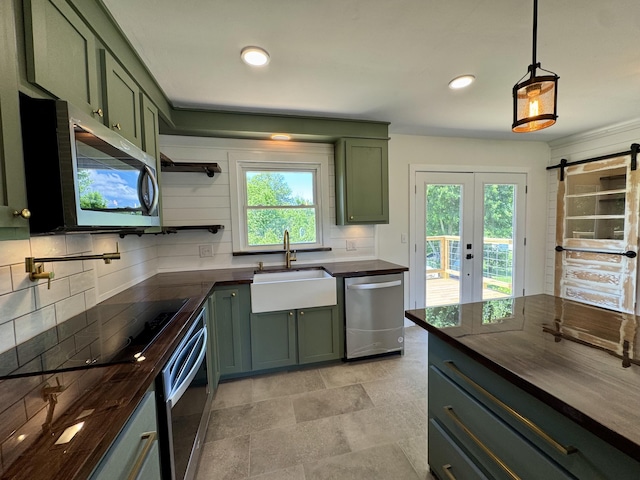 236 Walnut Ave, Somerset, KY 42503 - kitchen featuring green cabinets, a sink, stainless steel appliances, french doors, and recessed lighting