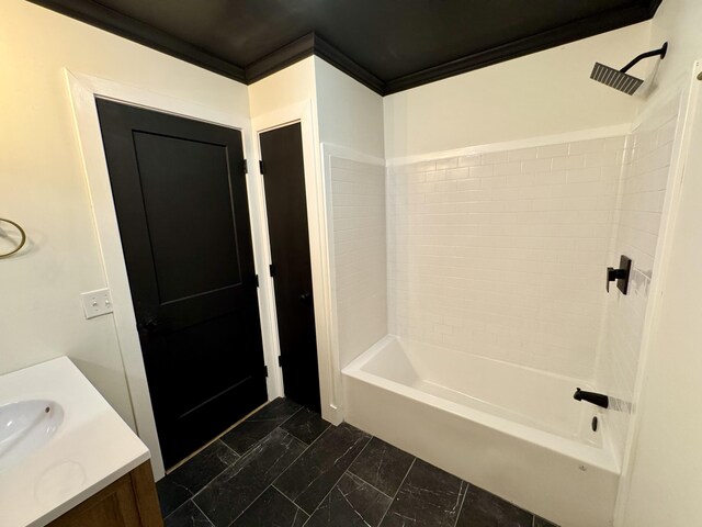 236 Walnut Ave, Somerset, KY 42503 - bathroom featuring shower / bath combination, vanity, ornamental molding, and marble look tile flooring