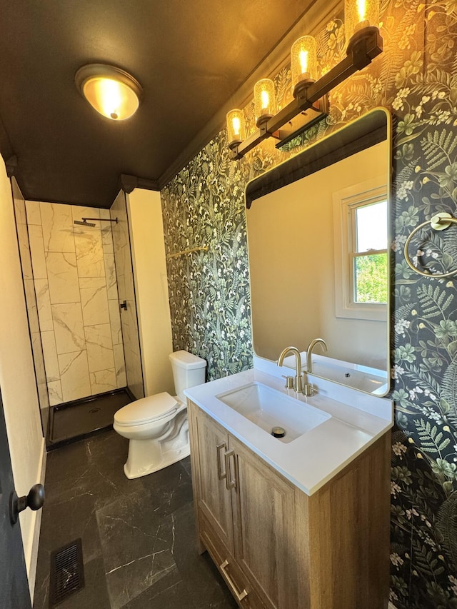 236 Walnut Ave, Somerset, KY 42503 - full bath featuring marble look tile flooring, toilet, a shower stall, vanity, and wallpapered walls
