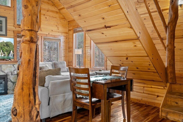 225 Platinum Dr, Slade, KY 40376 - dining area featuring wood ceiling, vaulted ceiling, wood walls, and wood-type flooring