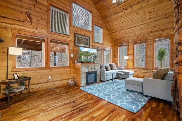 225 Platinum Dr, Slade, KY 40376 - living room featuring high vaulted ceiling, wood-type flooring, and wooden walls