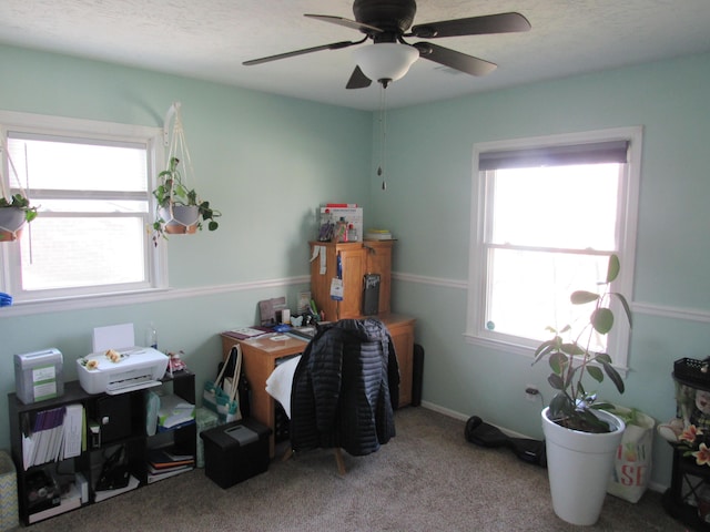 carpeted office featuring a ceiling fan